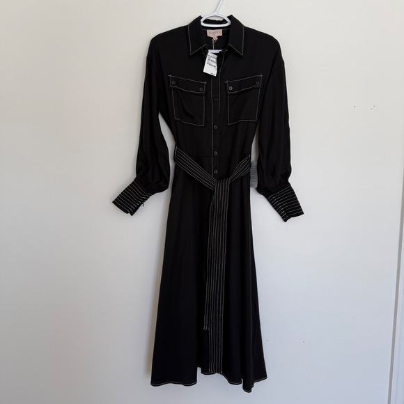 NWT Ciebon Women's Janie Black Shirt Dress XS Tie Waist Long Sleeve Midi - Picture 3 of 16